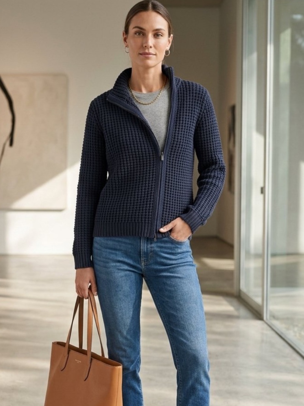 Margaret O'Leary cotton blend Chunky Waffle Knit Asymmetrical Zip Sweater